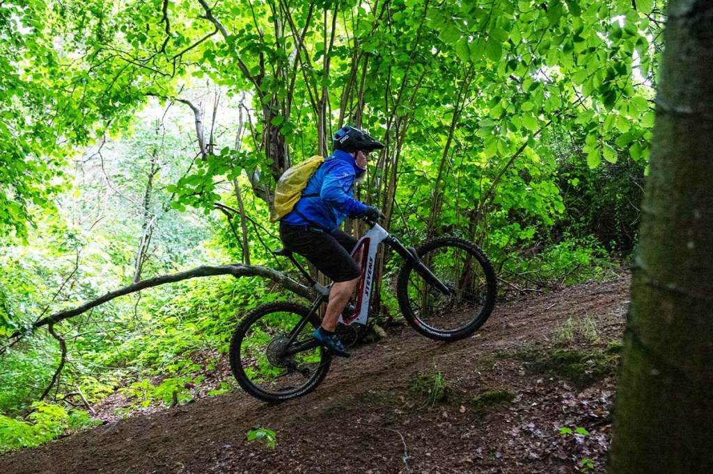 Mann fährt mit seinem Mountainbike einen Weg im Wald hoch