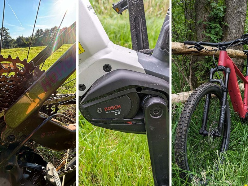 Dreigeteiltes Bild: Links Nahaufnahme Schaltwerk beim Fahrrad, Mitte Nahaufnahme MOtor von E-Bike, rechts Totale rotes E-MTB an einem Zaun lehnend