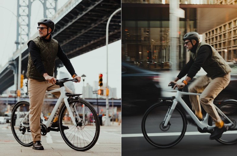 Zweigeteiltes Bild: auf beiden ist ein Mann auf einem weißen E-Bike in einer urbanen Umgebung