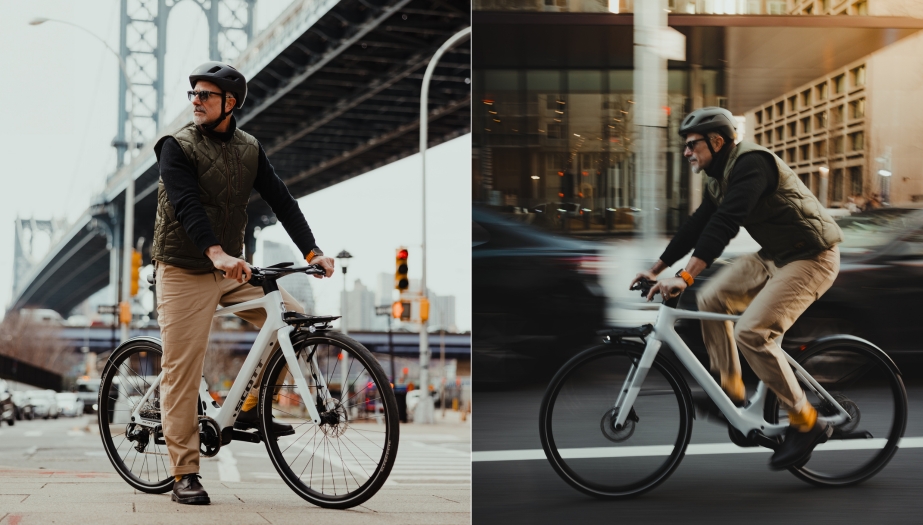 Zweigeteiltes Bild: auf beiden ist ein Mann auf einem weißen E-Bike in einer urbanen Umgebung