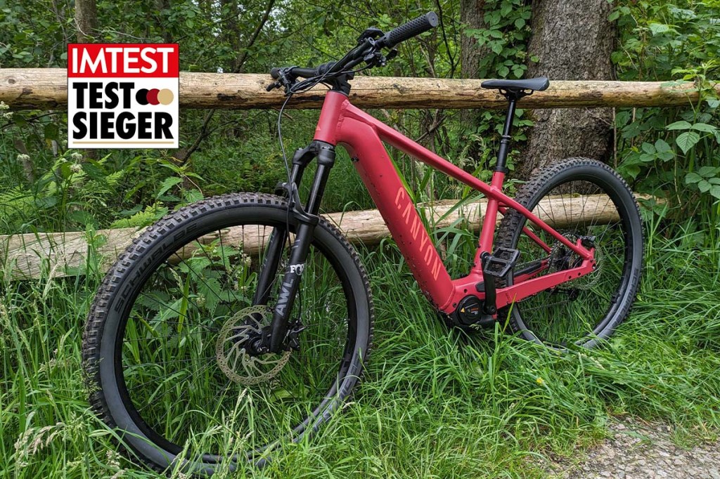 Rotes E-Mountainbike vor einem Balken lehnend inmitten der Natur, dazu Testsieger-Grafik