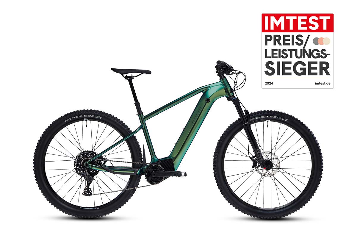 grünes E-Mountainbike von der Seite auf weißem Grund, dazu Preis-Leistungssieger-Siegel