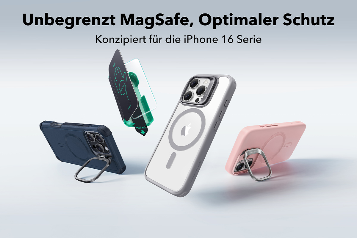 Produktbiilder von mehreren ESR-iPhone-Hüllen vor weißem Hintergrund.