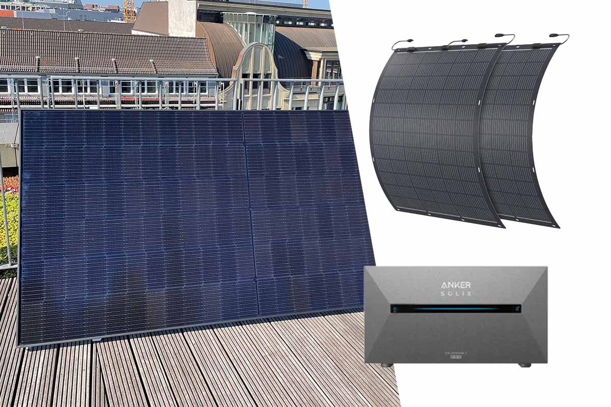 Ein Solarpanel auf einer Dachterrasse, daneben die Anker Solix Solarbank 2 E1600 Pro und flexible Panels auf weißem Hintergrund.