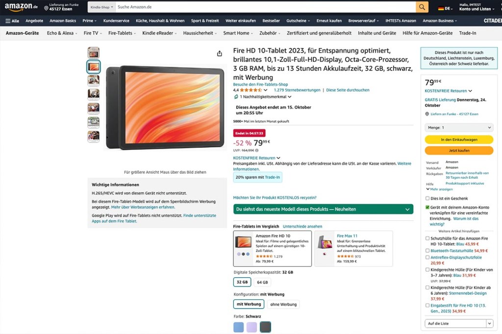 Ein Screenshot von Amazon mit typischem Deal für das Fire Tablet.