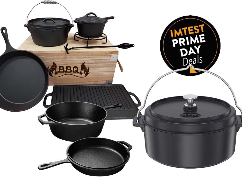 Mehrere DutchOvens in einer Kollage auf weißem Untergrund, dazu Prime Day Button