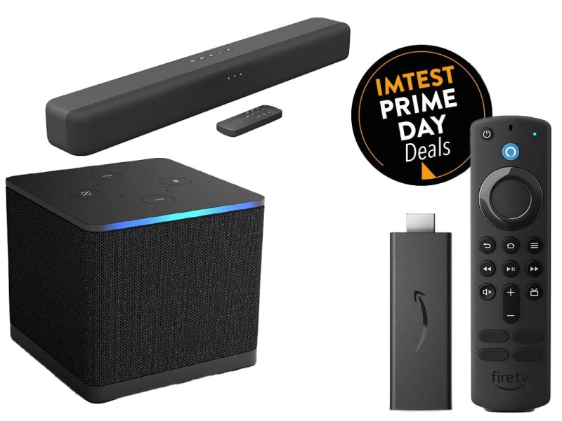 Kollage verschiedener Amazon Fire-TV Produkte auf weißem Grund, dazu Amazon Prime-button