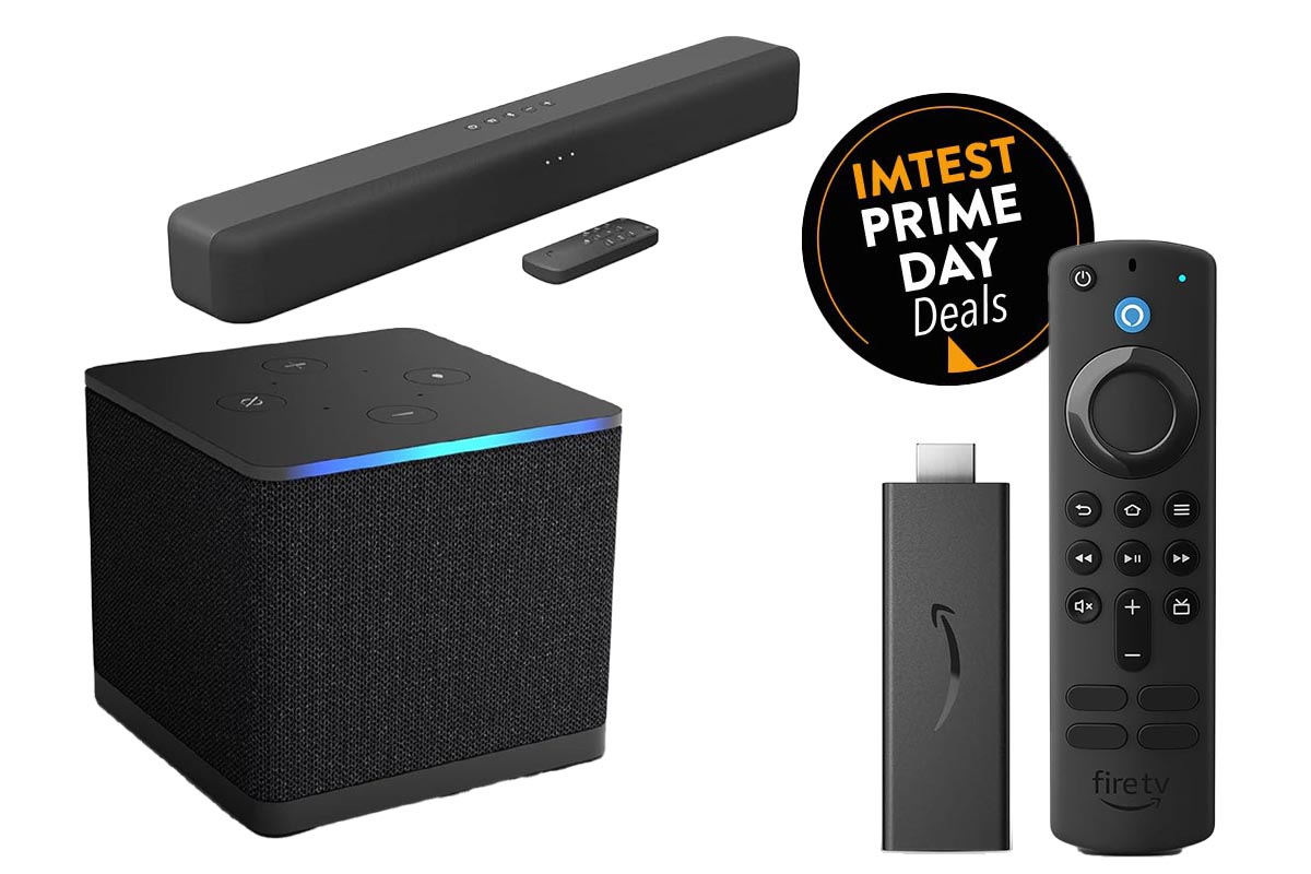 Kollage verschiedener Amazon Fire-TV Produkte auf weißem Grund, dazu Amazon Prime-button