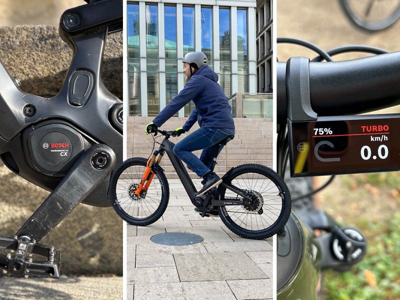 Person auf einem E-Bike mit Motor von Bosch. Zudem noch Detailaufnahmen in der Nahaufnahme auf einem dreigeteiltem Bild.