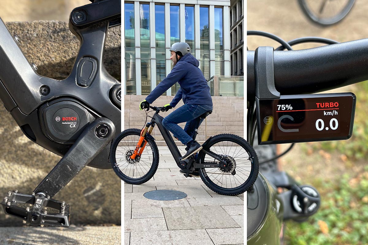 Person auf einem E-Bike mit Motor von Bosch. Zudem noch Detailaufnahmen in der Nahaufnahme auf einem dreigeteiltem Bild.