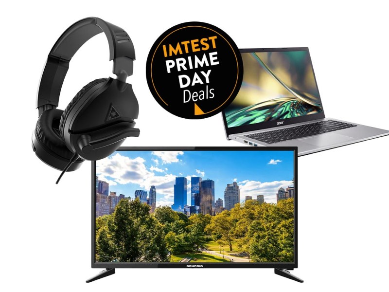 Notebook, Gaming.-Headset, Smart-TV vor weißem Hintergrund mit Prime Day-Siegel.