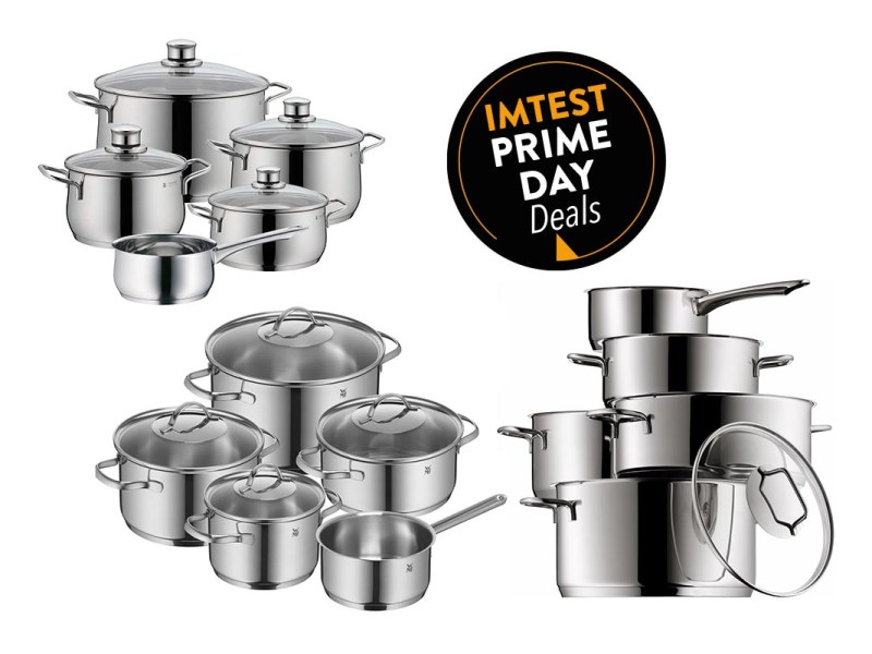 Drei Topfsets als Kollage auf weißem Hintergrund, dazu Amazon Prime Day Button