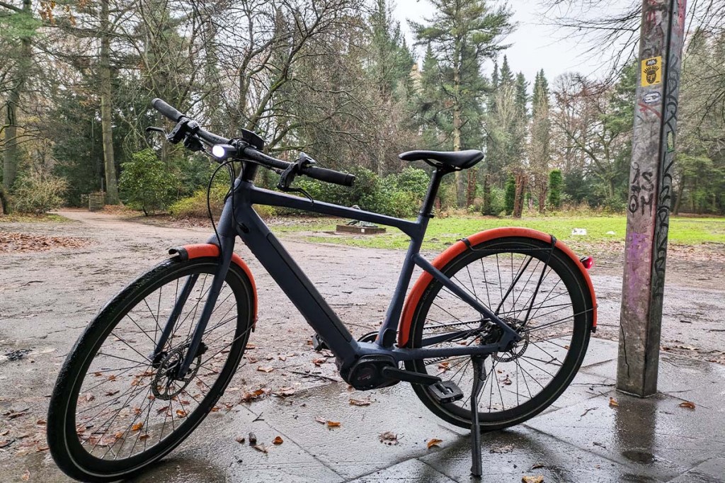 E-Bike in einem verregneten Park stehend
