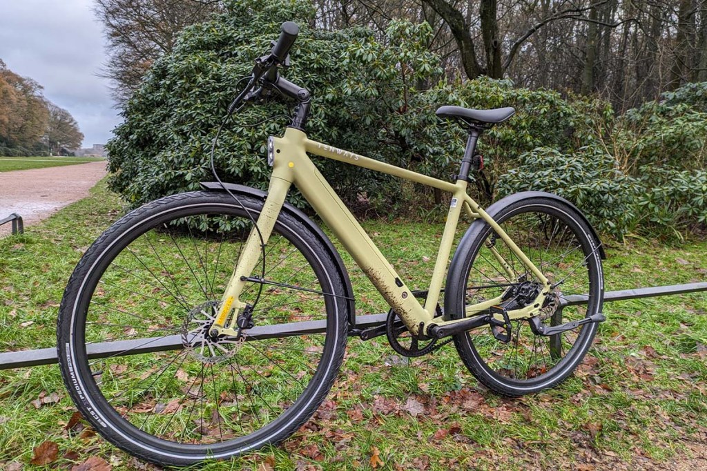 Totale hellgrünes E-bike in einem Park stehend