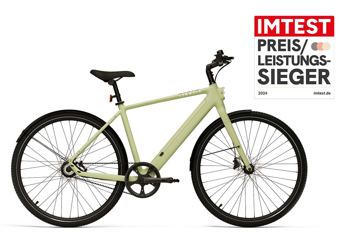 gelb-grünes City-E-bike auf weißem Grund, dazu Preis-Leistungssieger-Grafik