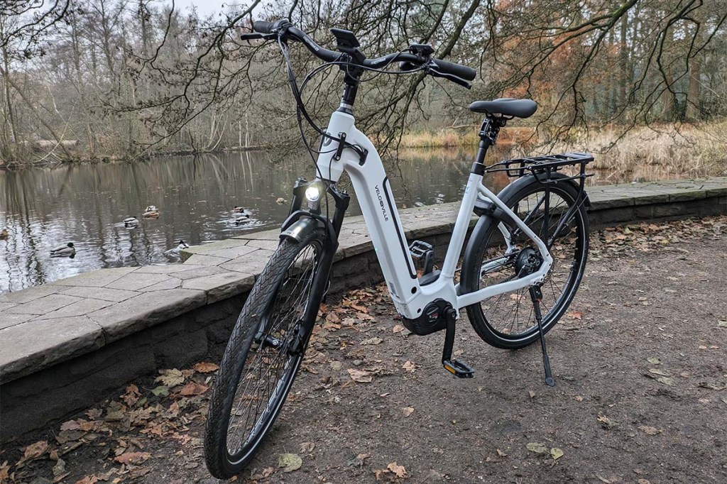 weißes city-e-bike in einem park stehend