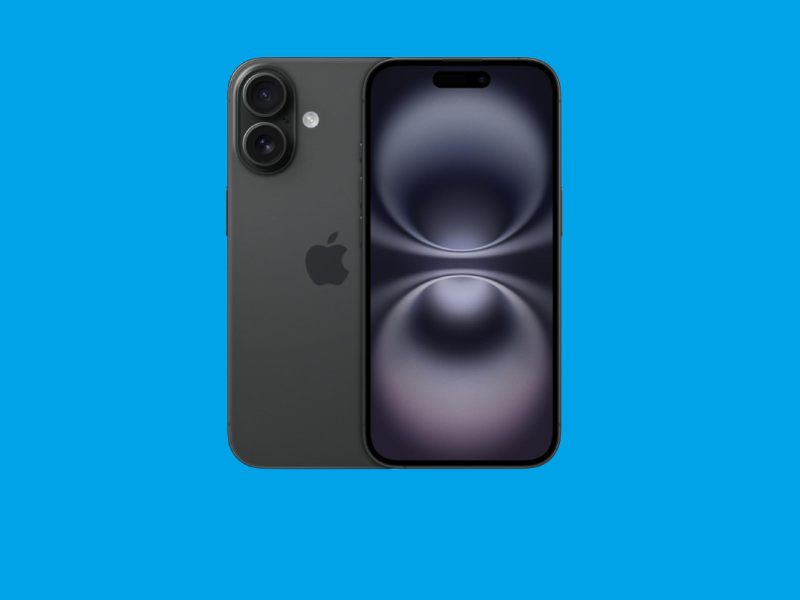 Das iPhone 16 ist auf blauem Hintergrund abgebildet.