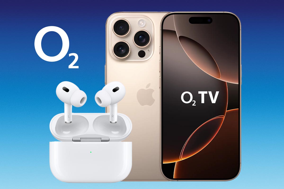 iPhone 16 Pro mit Apple AirPods Pro 2 vor blauem Hintergrund