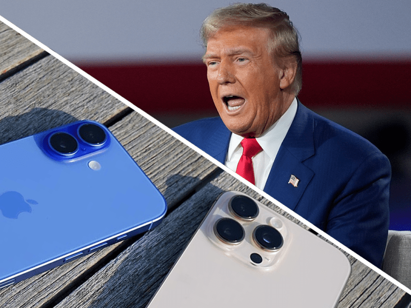 Donald Trump spricht auf einer Rede und das iPhone ist zu sehen.