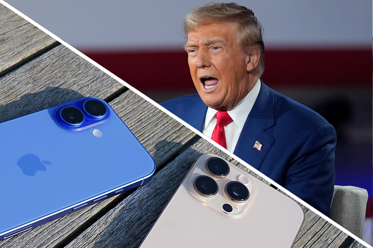 Donald Trump spricht auf einer Rede und das iPhone ist zu sehen.