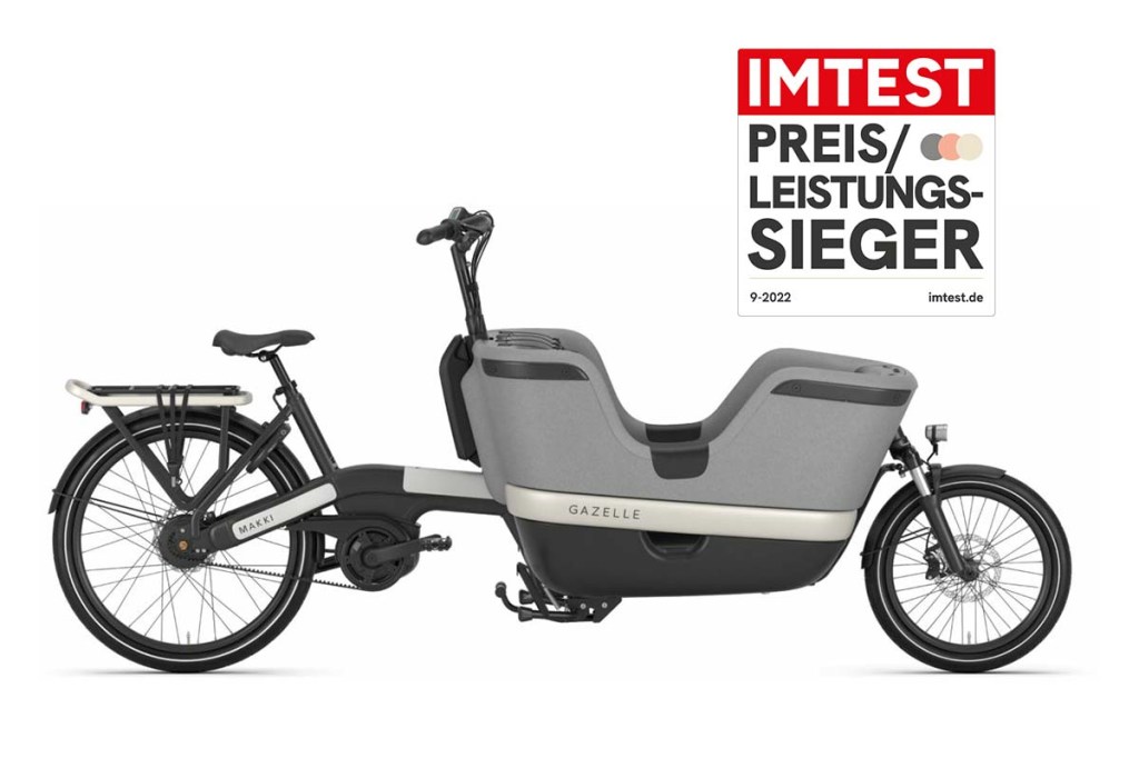 Cargo-E-Bike von der Seite auf weißem Grund, dazu Preis-Leistungssieger-Grafik