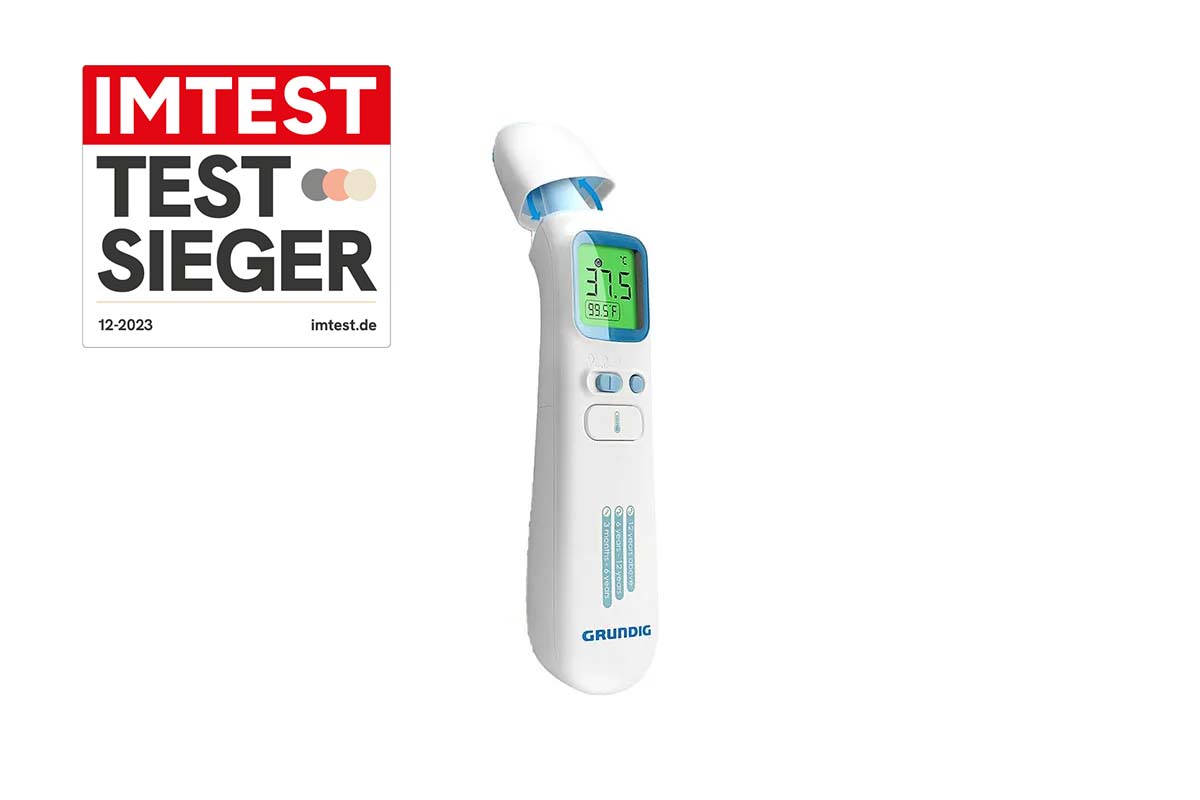 digitales Fieberthermometer auf weißem Grund, dazu Testsieger Grafik