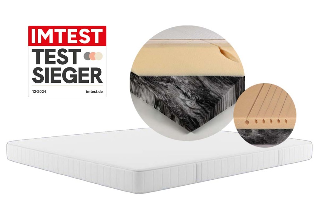 Bild einer Matratze, dazu zwei runde Detail-Bilder vom Kern und Testsieger-Grafik