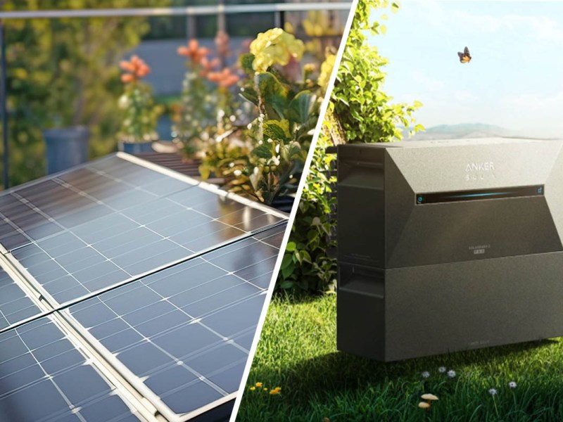 Ein zweigeteiltes Bild: Links ein Solarpanel in grüner Umgebung, rechts der Speicher von Anker Solix im Grünen.