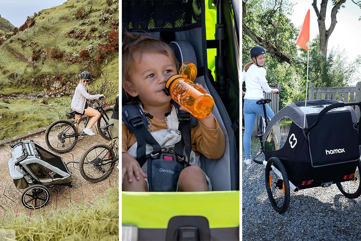 Dreigeteiltes Bild: Links zwei Radfahrer auf einem Schotterweg fahrend mit Kinderanhänger, Mitte Kind nah in einem Hänger sitzend, rechts Mutter auf Fahrrad, blickt auf den Hänger, der hinter das Rad gespannt ist
