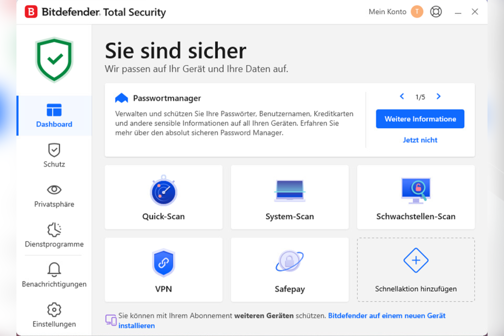 Das Dashboard von Bitdefender Total Security.