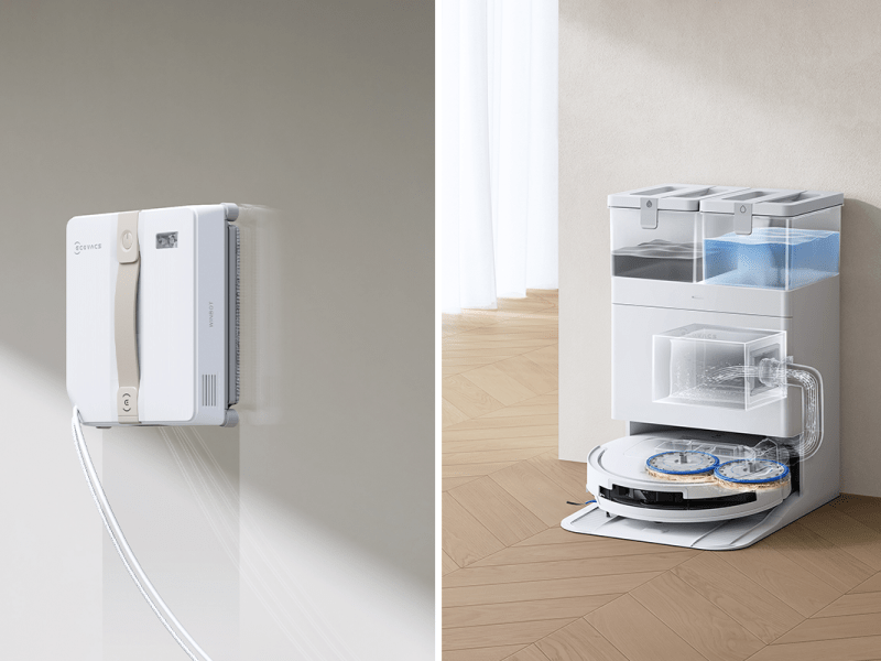 Der Ecovacs Winbot und der Ecovacs Deebot T50 nebeneinander.