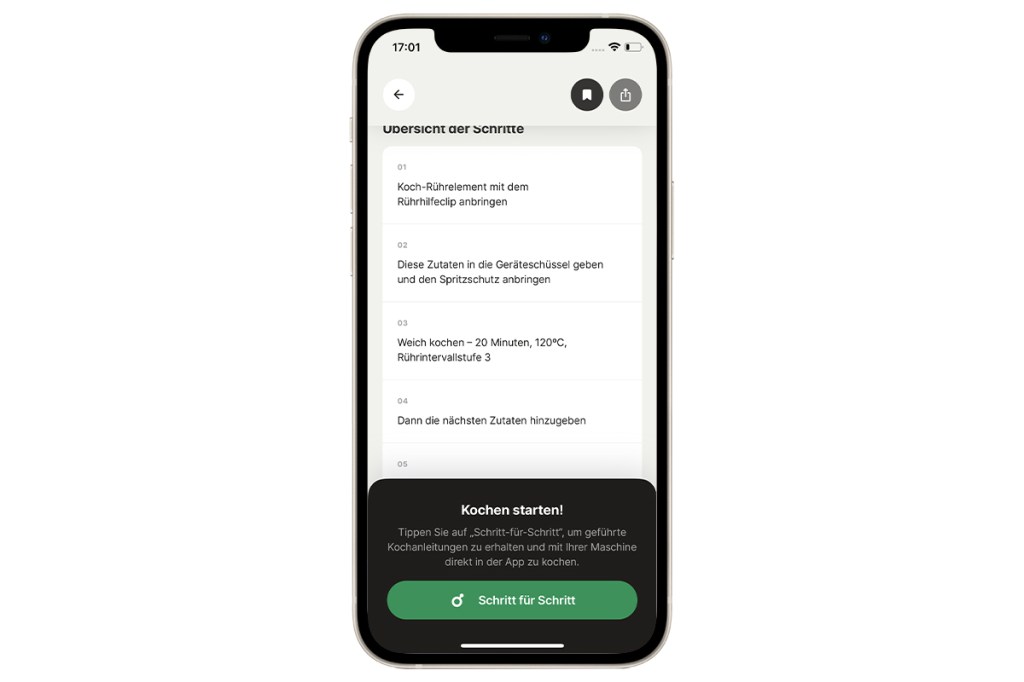 Ein Screenshot der Kenwood-App mit Rezept für den Cooking Chef Sallys Edition.