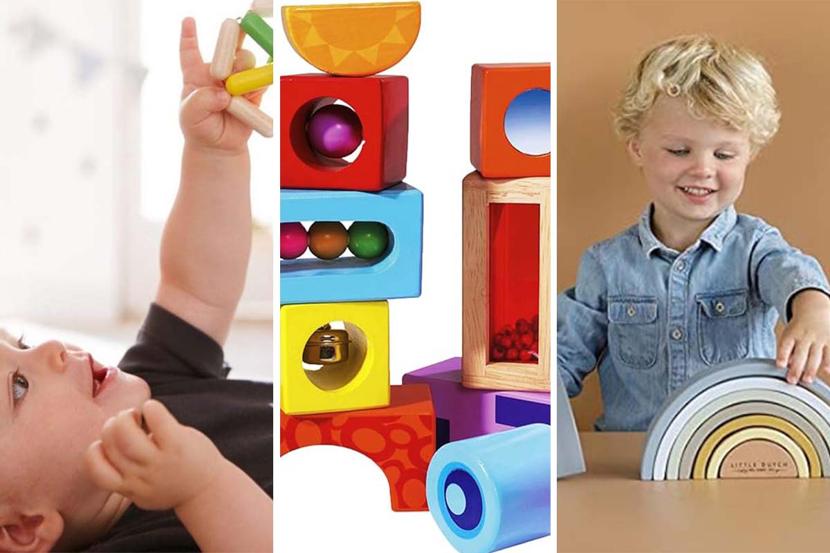 Dreigeteiltes Bild: links Baby hält Greiling in die Luft, Mitte gestapelte Holzklötze auf weißem Grund, rechts Kind mit Holz-Regenbogen