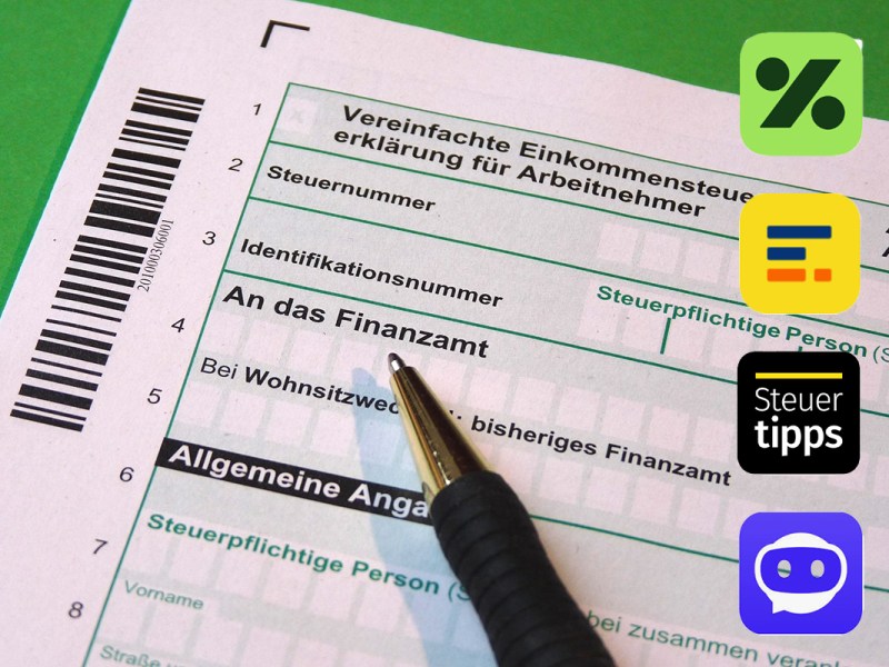 Steuererklärungsformular mit vier Icons von Steuerspar-Apps