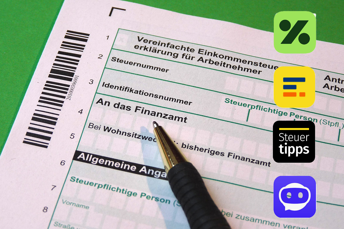 Steuererklärungsformular mit vier Icons von Steuerspar-Apps
