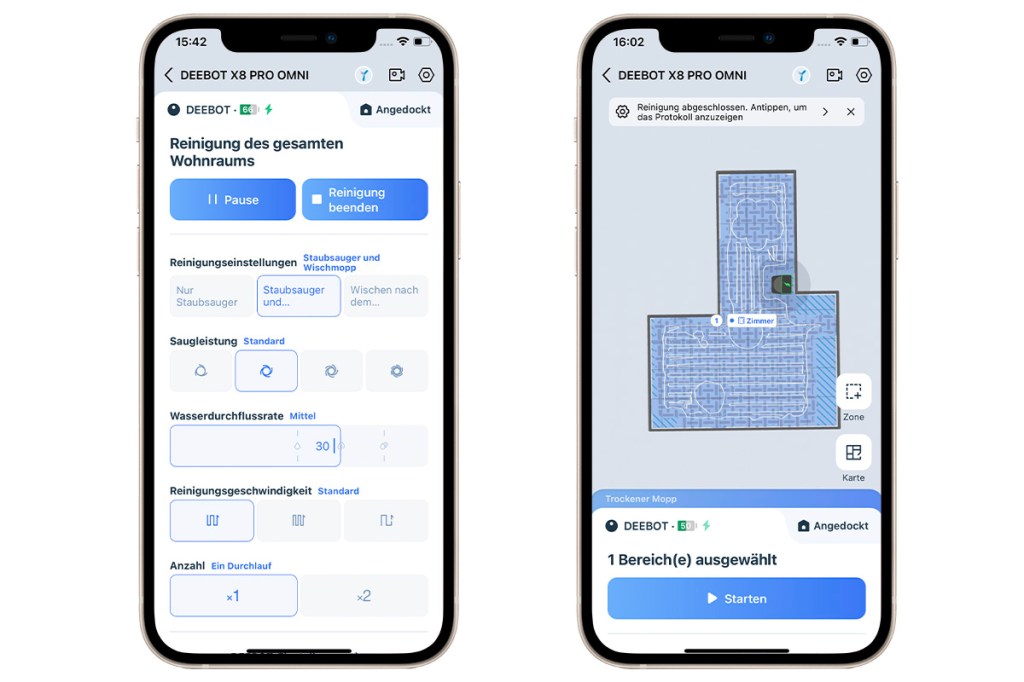 Screenshots von der App für den Deebot X8 pro Omni.