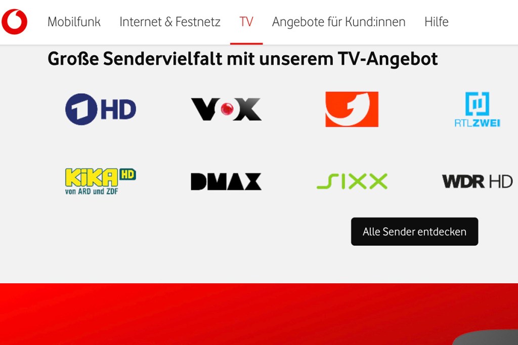 Screenshot vom IPTV-Angebot von Vodafone