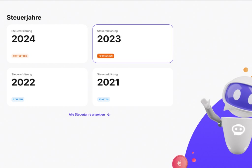 Screenshot von STeuerbot zur Auswahl der zu bearbeitenden Steuerjahre