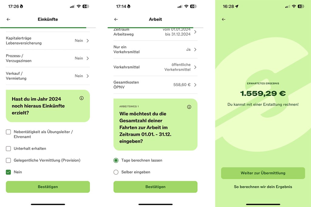 Screenshotsammlung von Taxfix zur Steuerbearbeitung