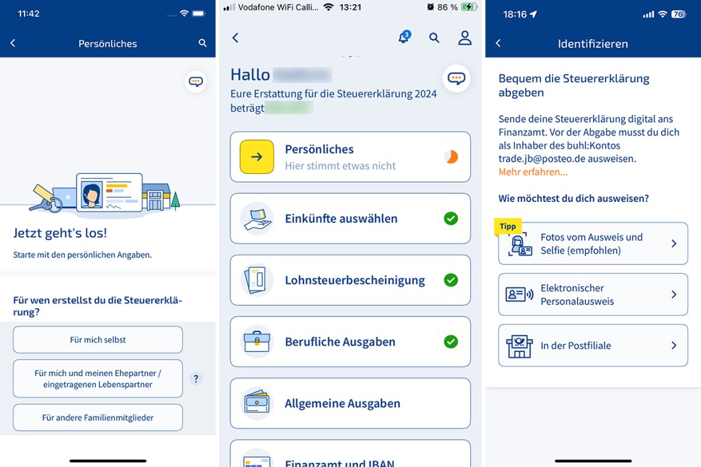 Screenshot-Sammlung vom Ablauf der STeuererfassung WISO