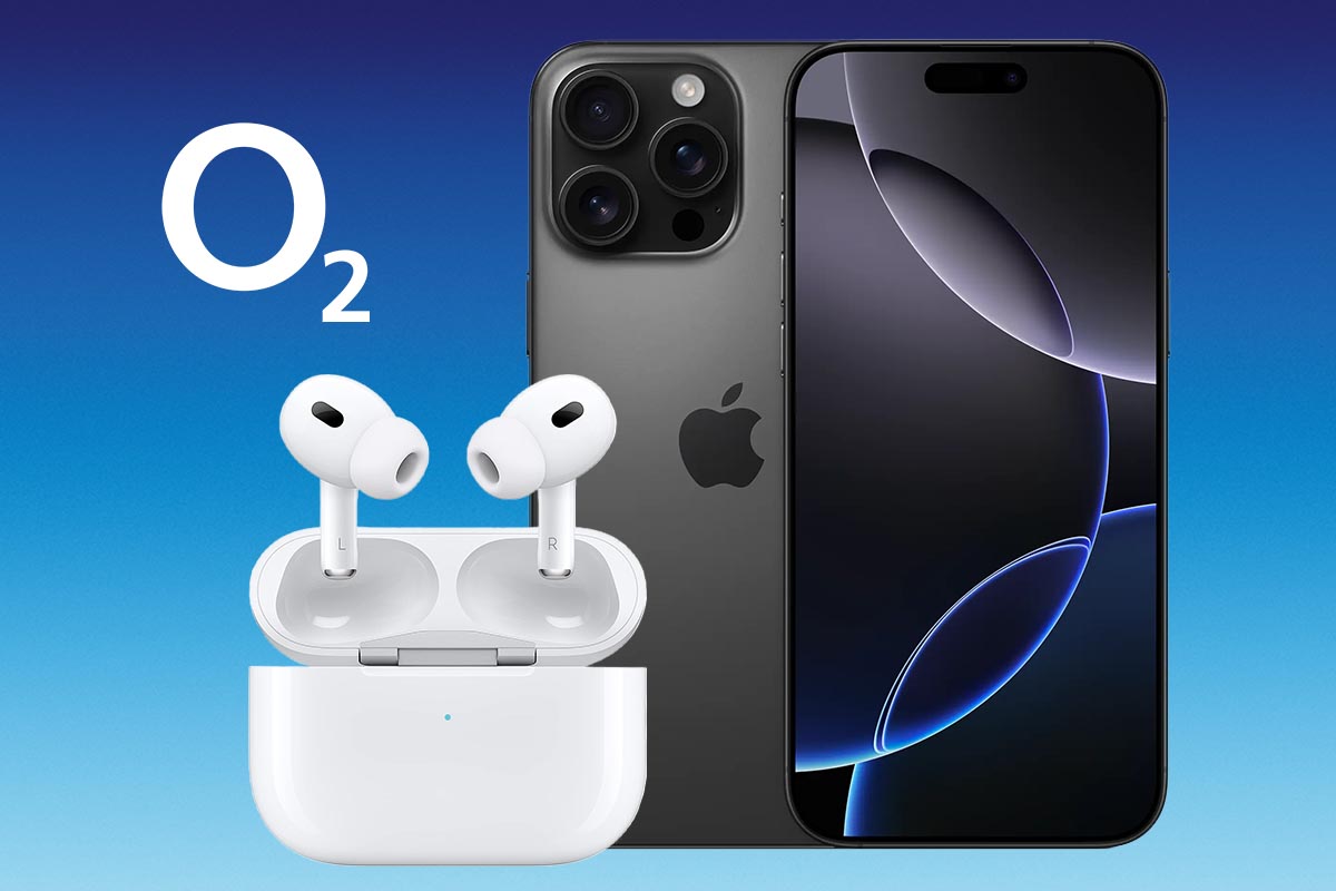 Apple iPhone 16 Pro Max + AirPods Pro 2 vor blauem Hintergrund.