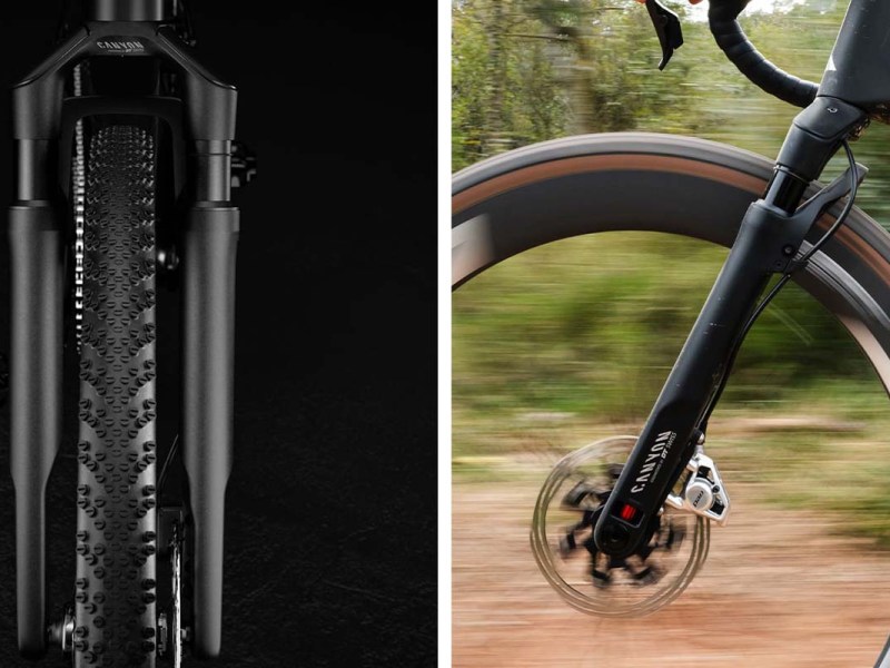 zweigeteiltes Bild: Links Detailaufnahme Vorderreifen eines FAhrrads mit Federgabel frontal auf schwarzem HIntergrund, rechts ausschnitt vorderrad Gravelbike von der SEite