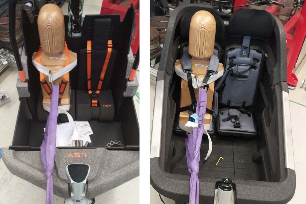 zweigeteiltes Bild, auf jedem sieht man eine Laborsituation, wo eine Hol´zpuppe in einem Cargo-E-Bike sitzt und von einem Gurt gezogen wird