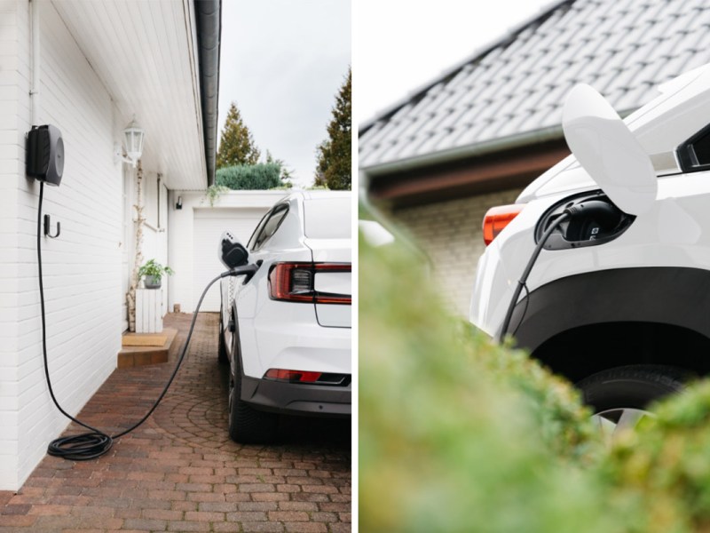 Zweigeteiltes Bild, E-Auto an Wallbox zum Laden angeschlossen