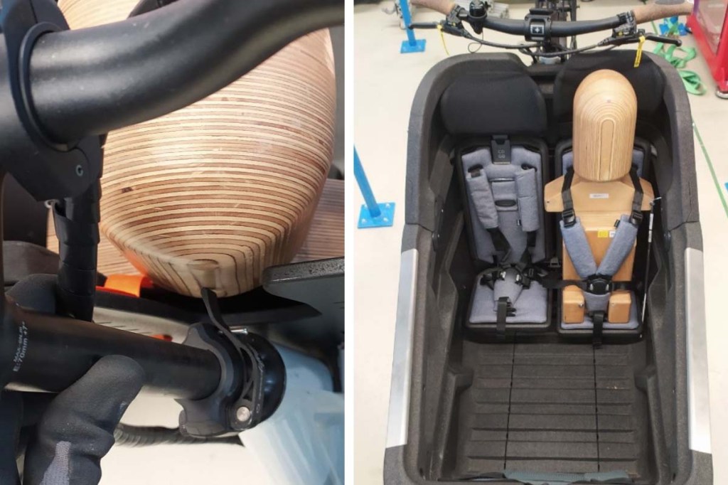 Zweigeteiltes Bild: Auf jedem sieht man eine Holzpuppe in der Transportwanne eines Cargo-E-Bikes