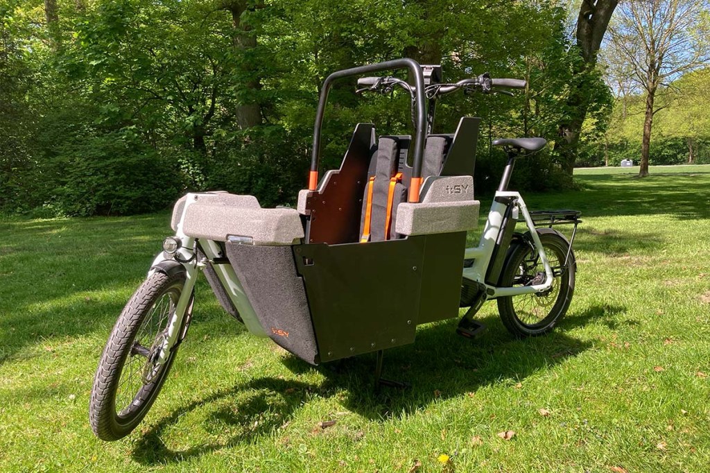 Cargo-E-Bike auf einer Wiese im Park stehend