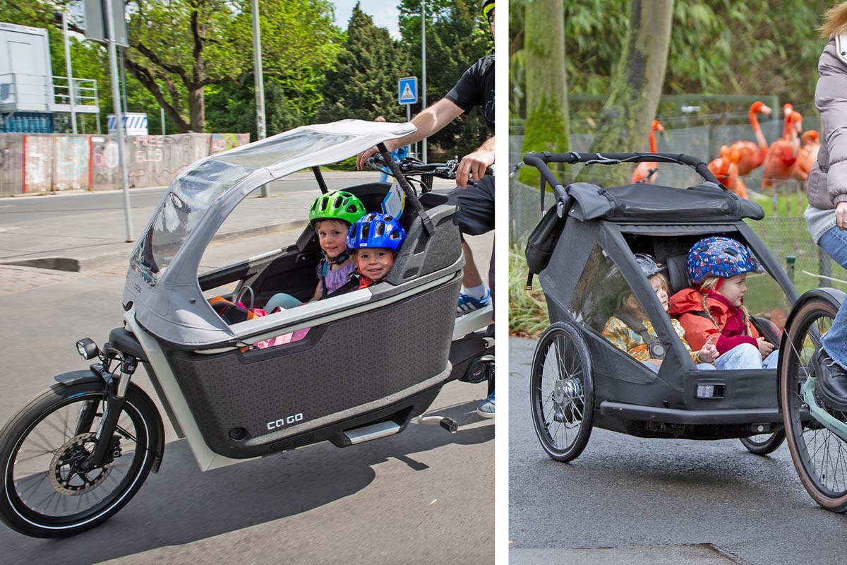 zweigeteiltes Bild: Links Cargo-E-Bike im Anschnitt, rechts ein Fahrradanhänger, in beidem sitzen Kinder