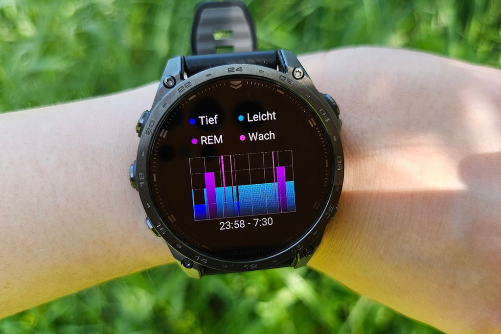 Smartwatch mit Schlafphasen vor grünem Hintergrund