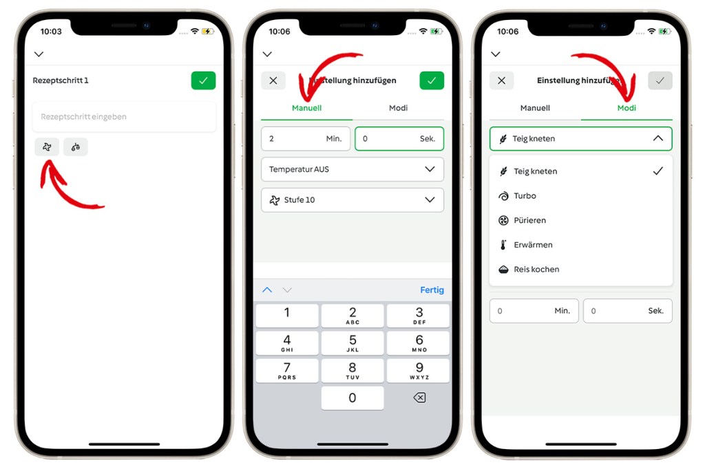 Mehrere Smartphones nebeneinander mit geöffneter Cookidoo-App und roten Pfeilen, um einzelne Schritte deutilch zu machen.