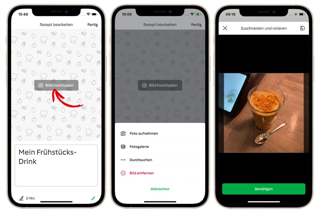 Mehrere Smartphones nebeneinander mit geöffneter Cookidoo-App und roten Pfeilen, um einzelne Schritte deutilch zu machen.